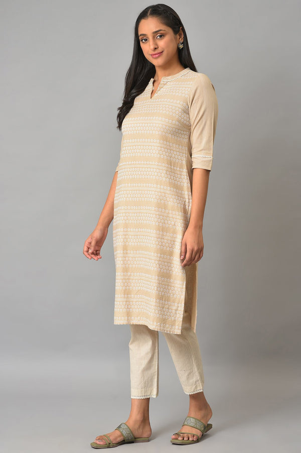 Beige Cotton Dobby Printed Kurta