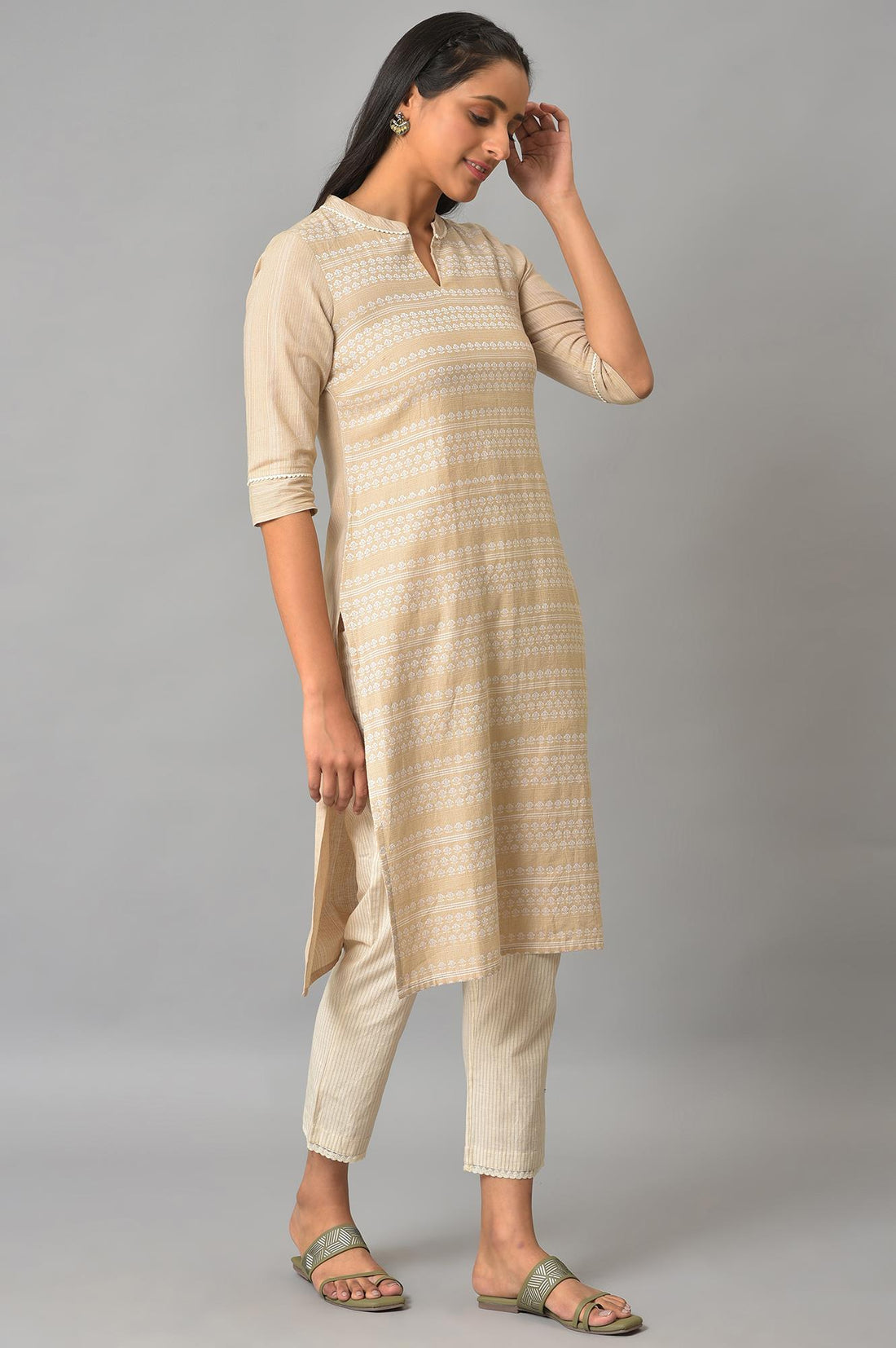 Beige Cotton Dobby Printed Kurta