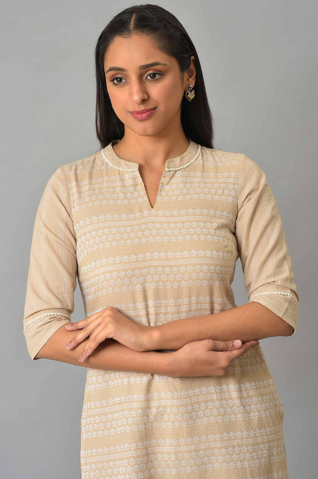 Beige Cotton Dobby Printed Kurta
