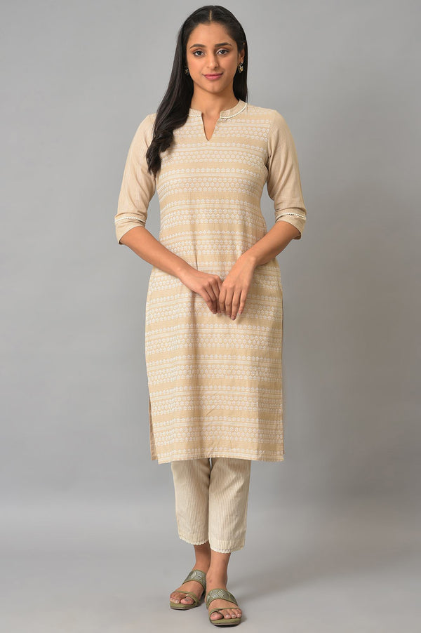 Beige Cotton Dobby Printed Kurta