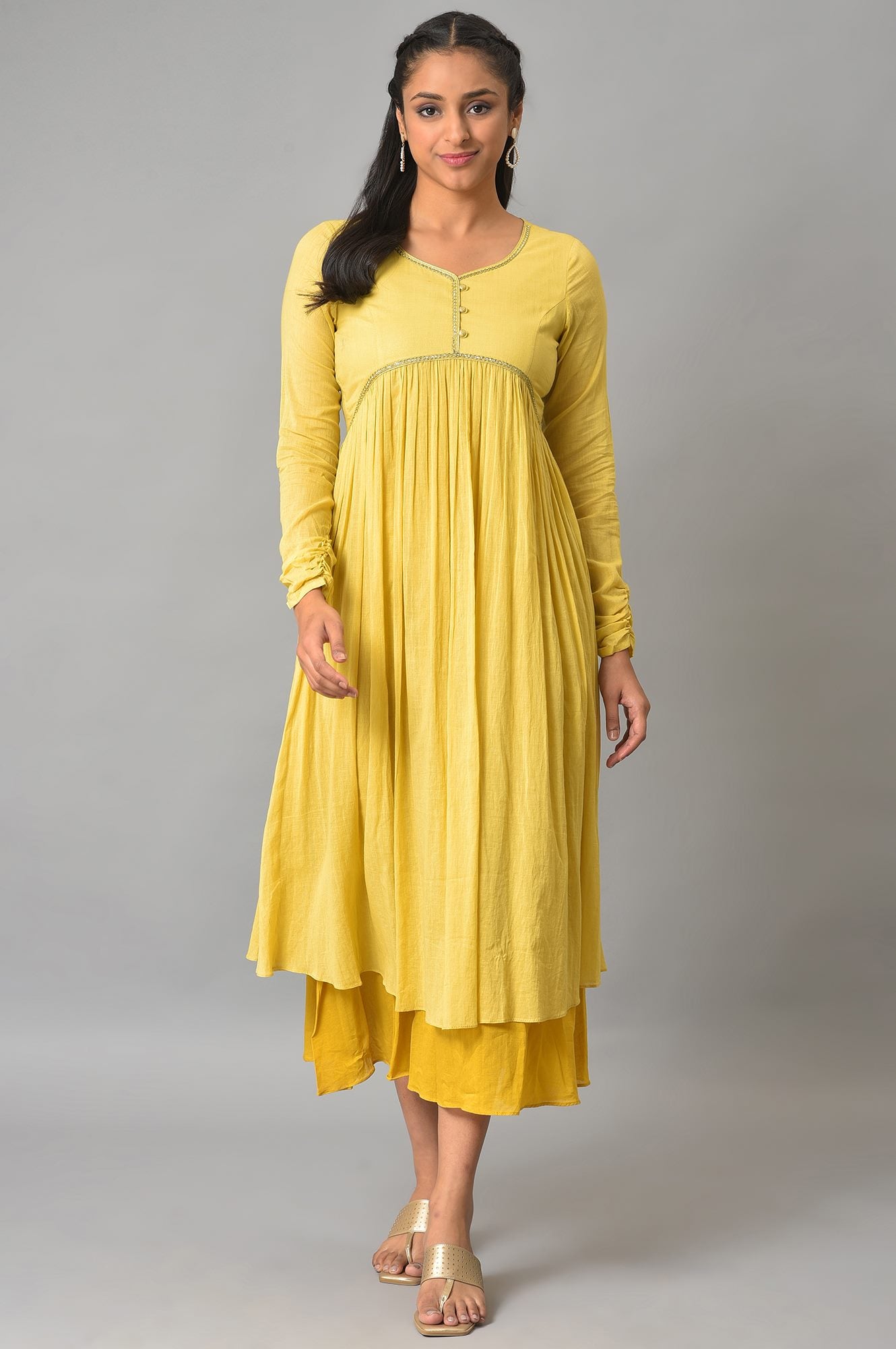 Yellow Flared Solid Dress