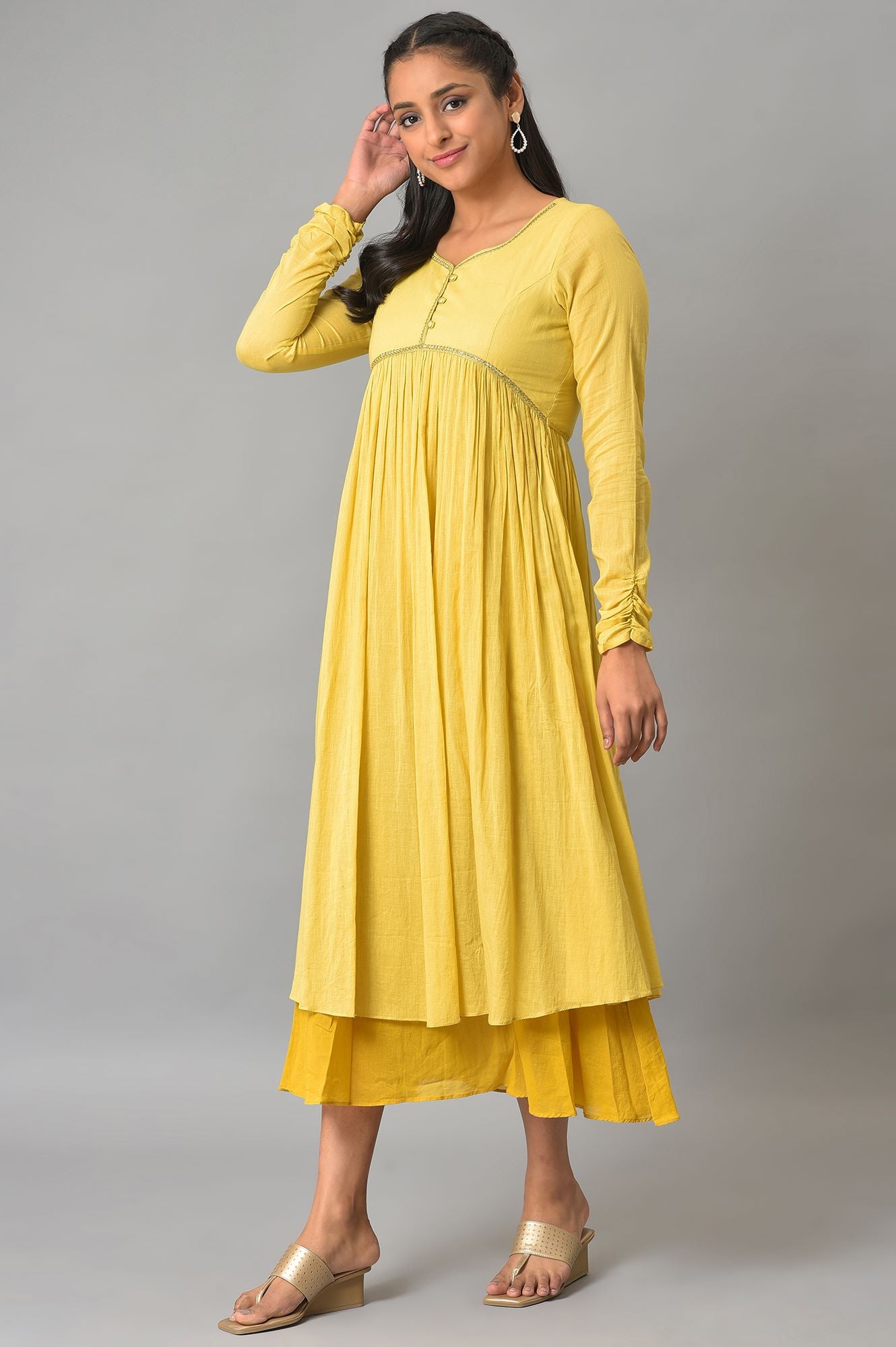 Yellow Flared Solid Dress