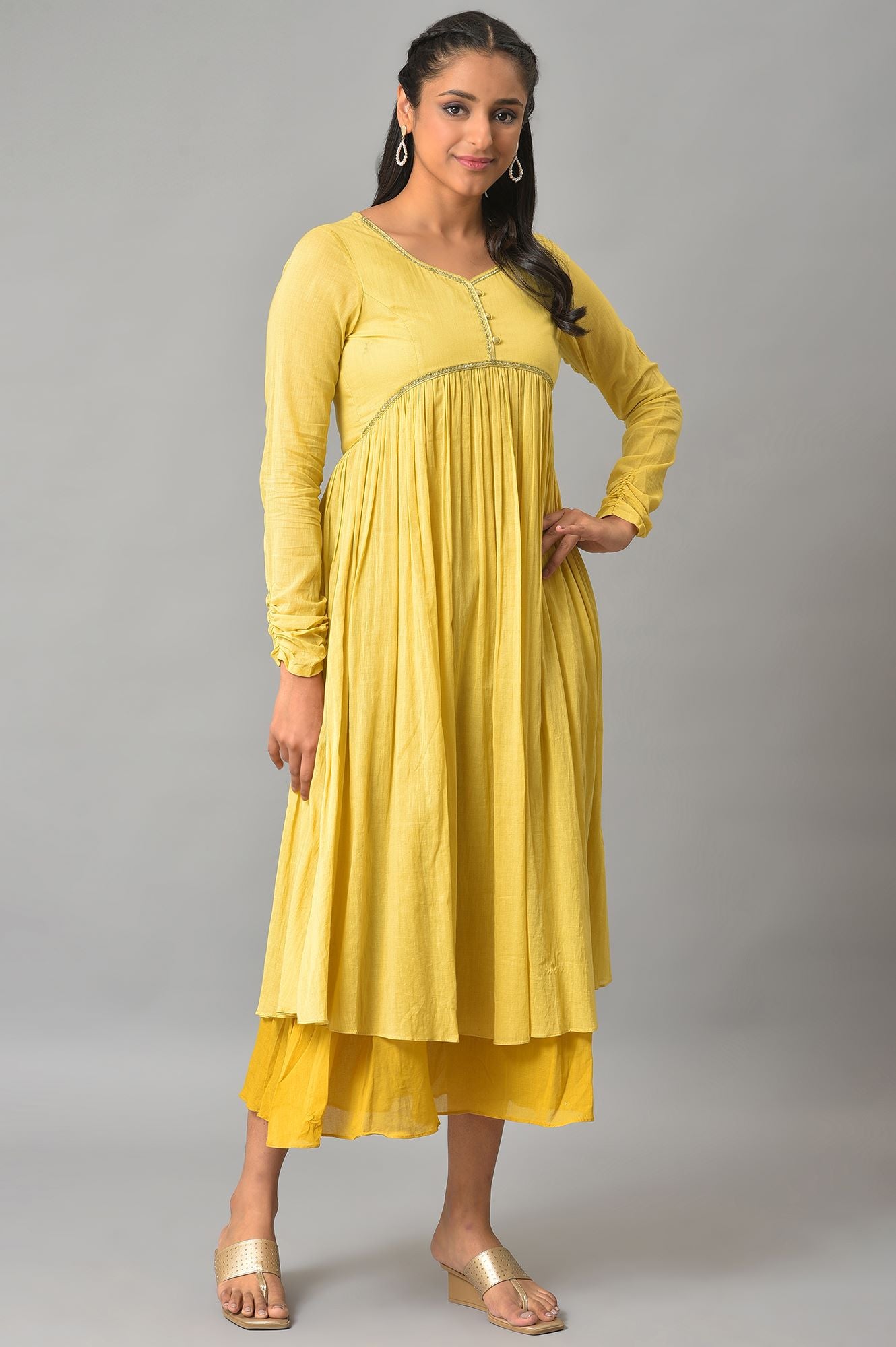 Yellow Flared Solid Dress