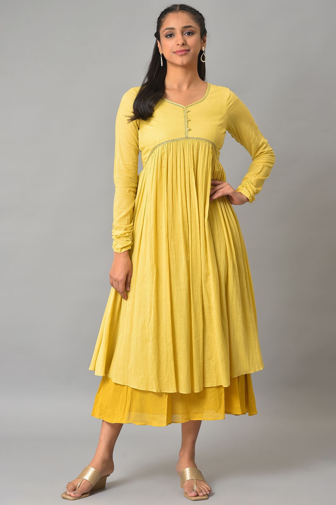 Yellow Flared Solid Dress