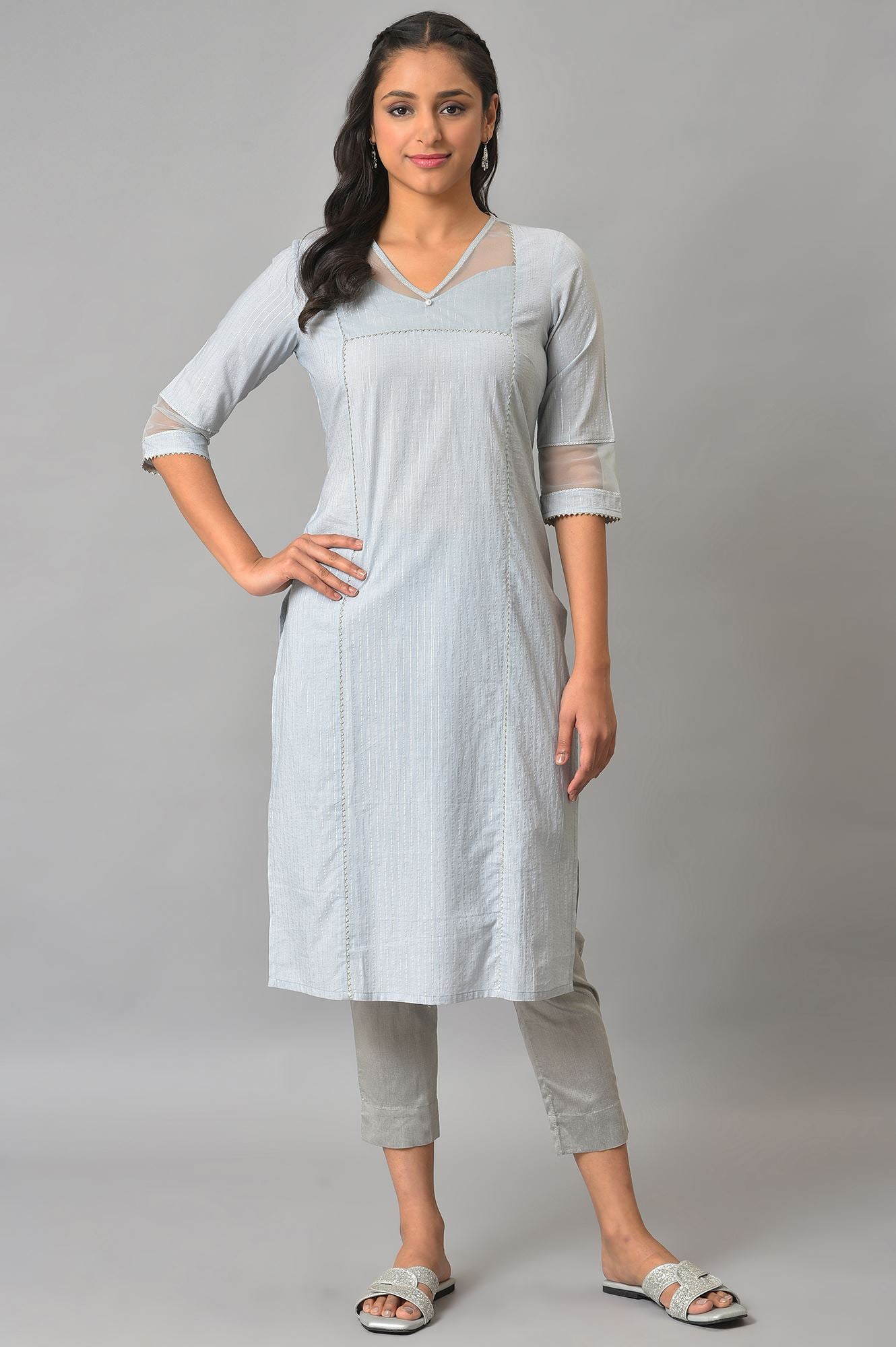 Blue Sequined Lurex Striped kurta