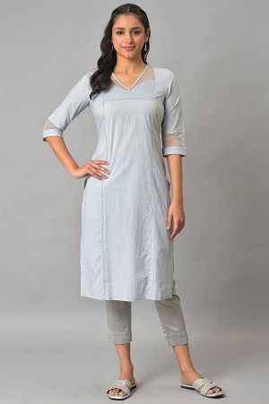 Blue Sequined Lurex Striped Plus Size kurta