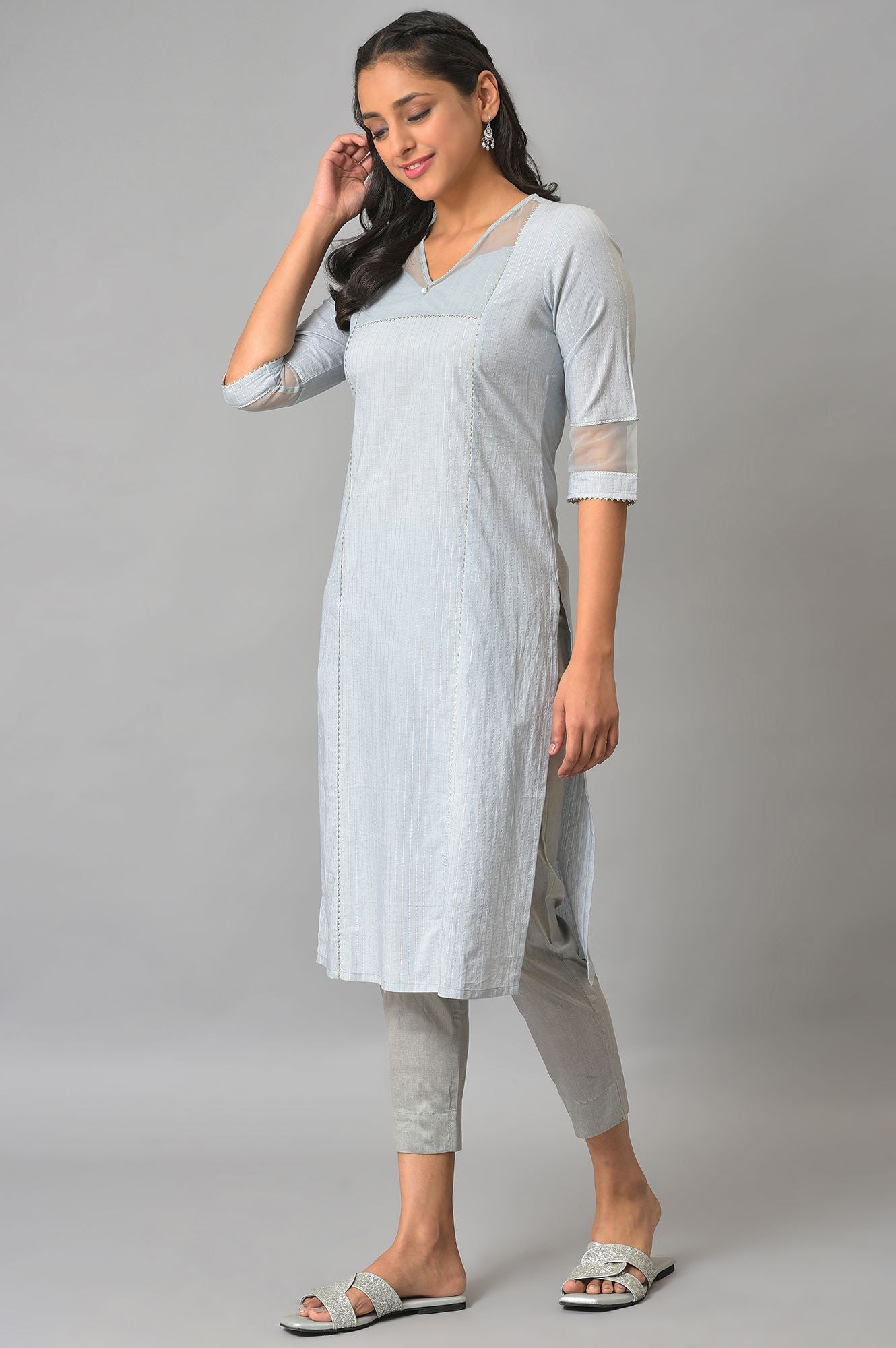 Blue Sequined Lurex Striped kurta