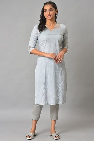 Blue Sequined Lurex Striped Plus Size kurta