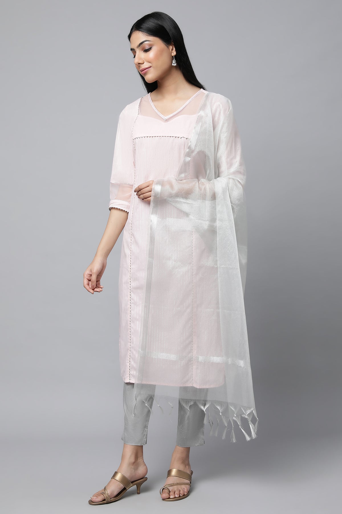 Pink Sequined Lurex Striped kurta - XS