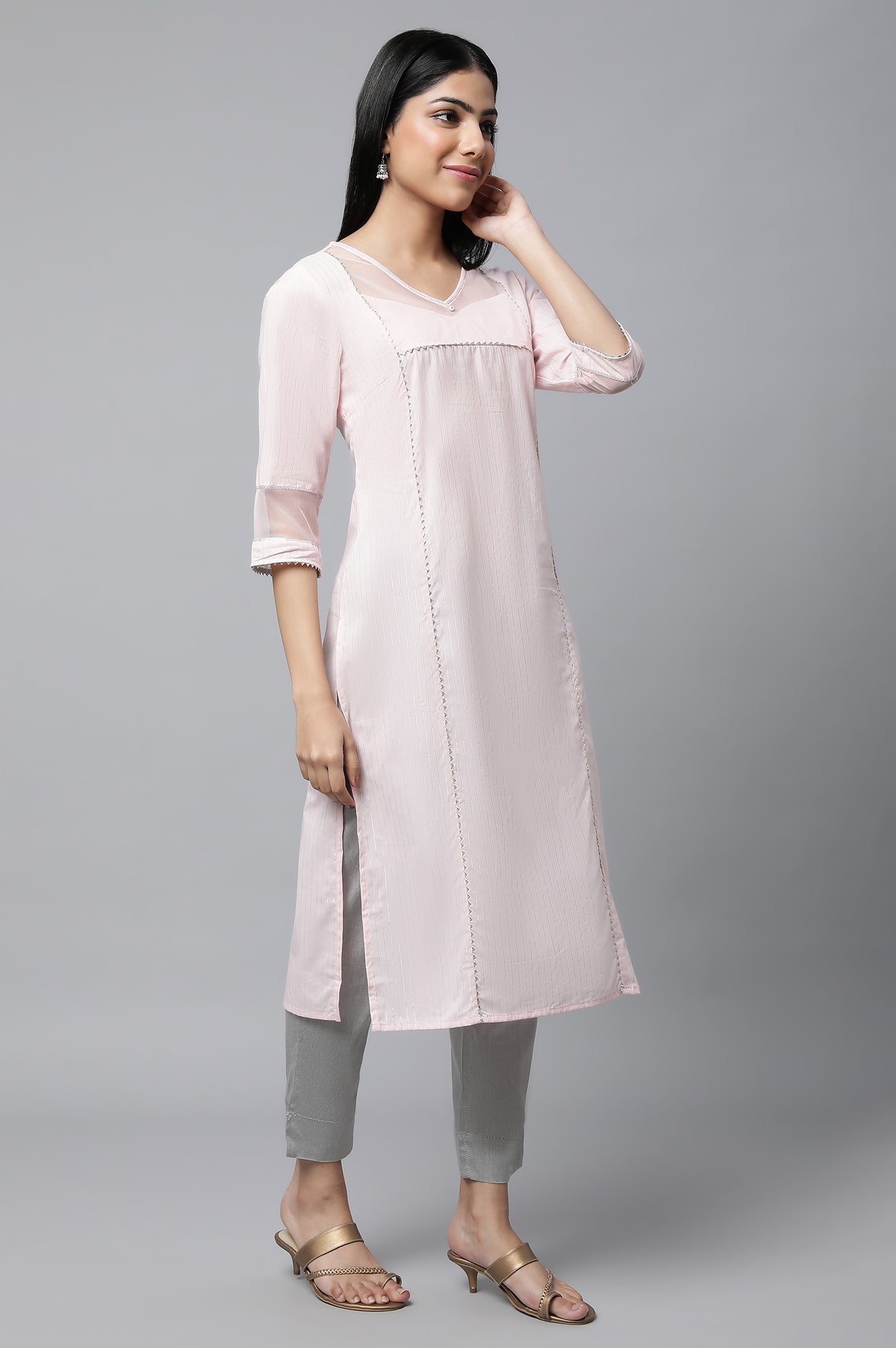 Pink Sequined Lurex Striped kurta