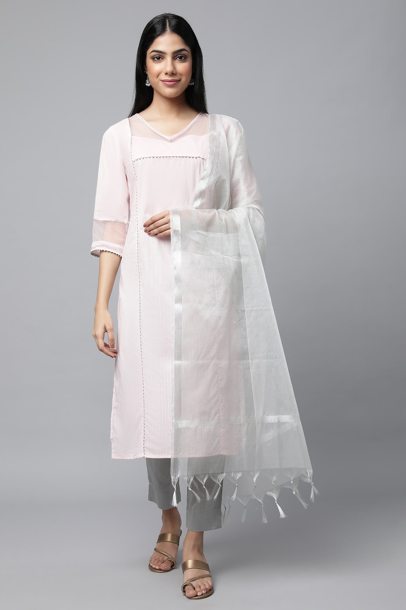 Pink Sequined Lurex Striped kurta