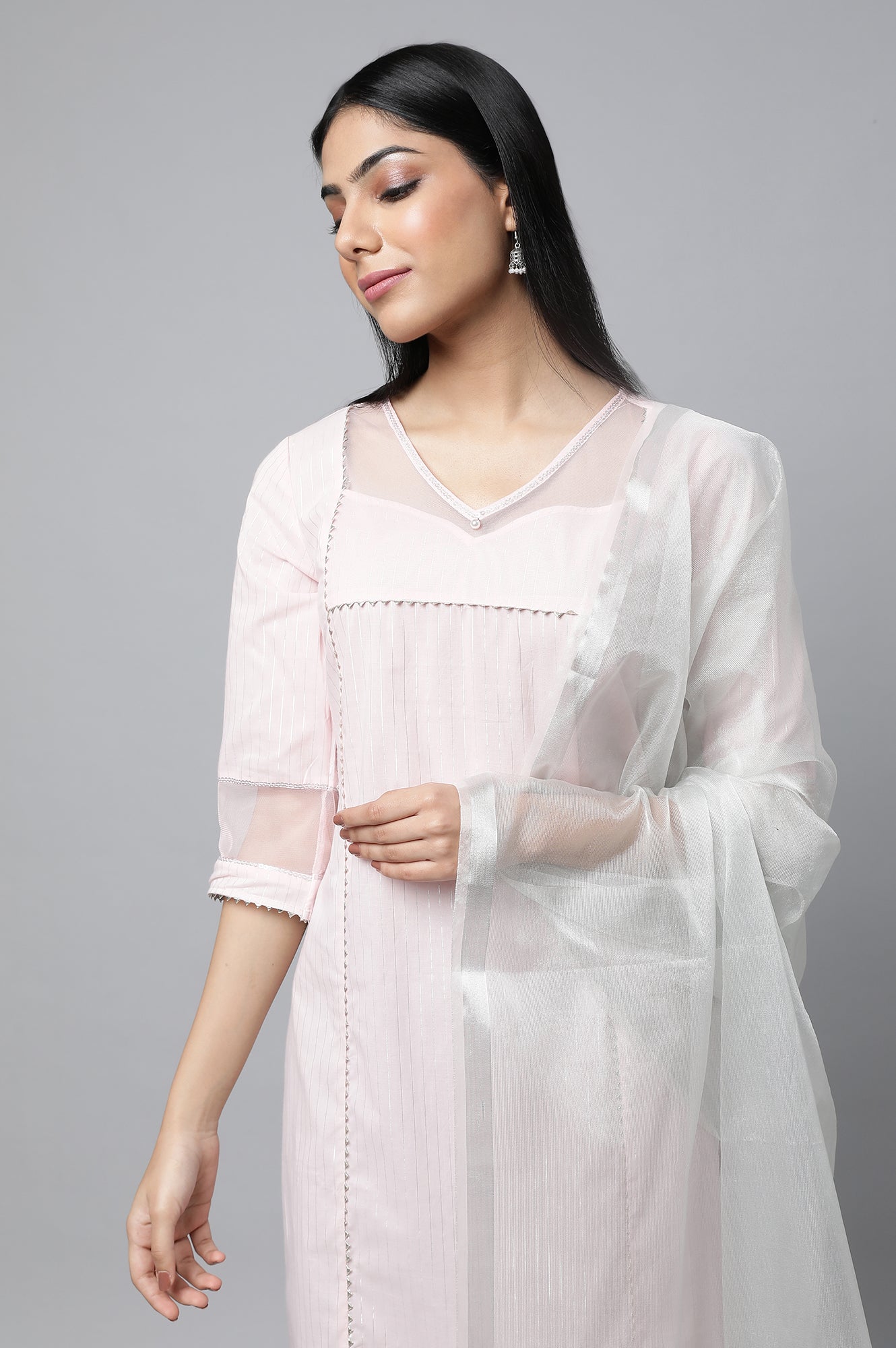 Pink Sequined Lurex Striped kurta