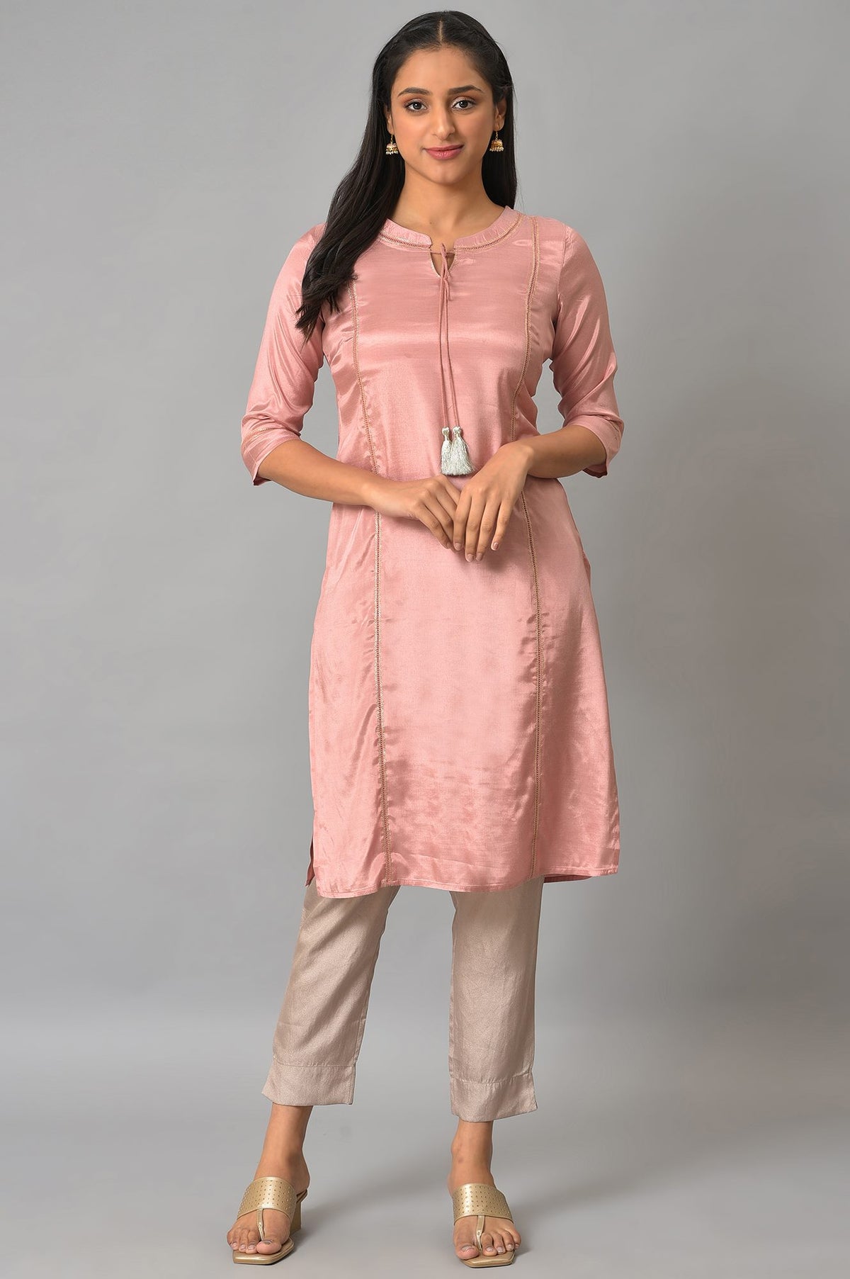 Pink Shantung Solid Kurta - XS