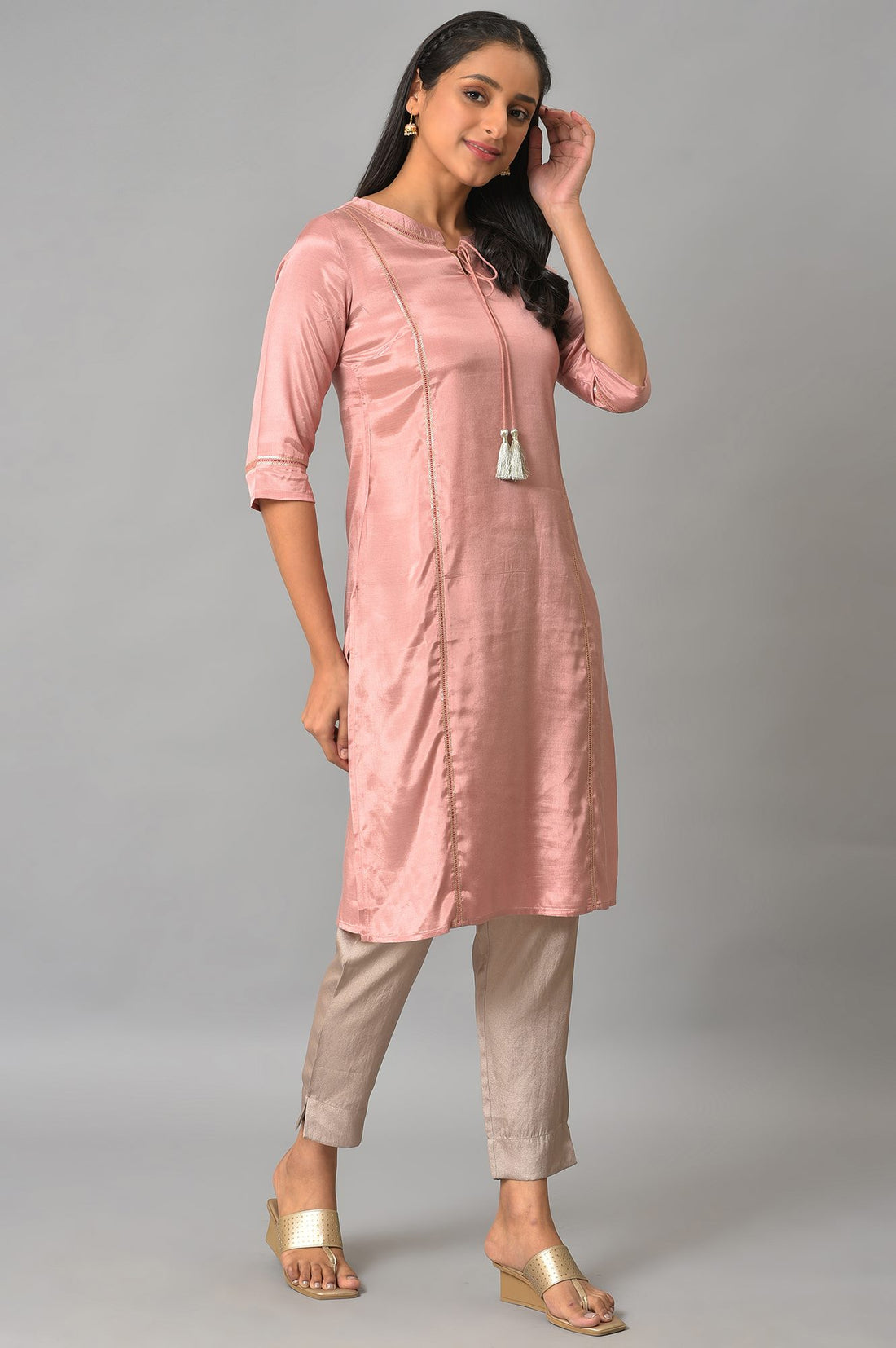 Pink Shantung Solid Kurta