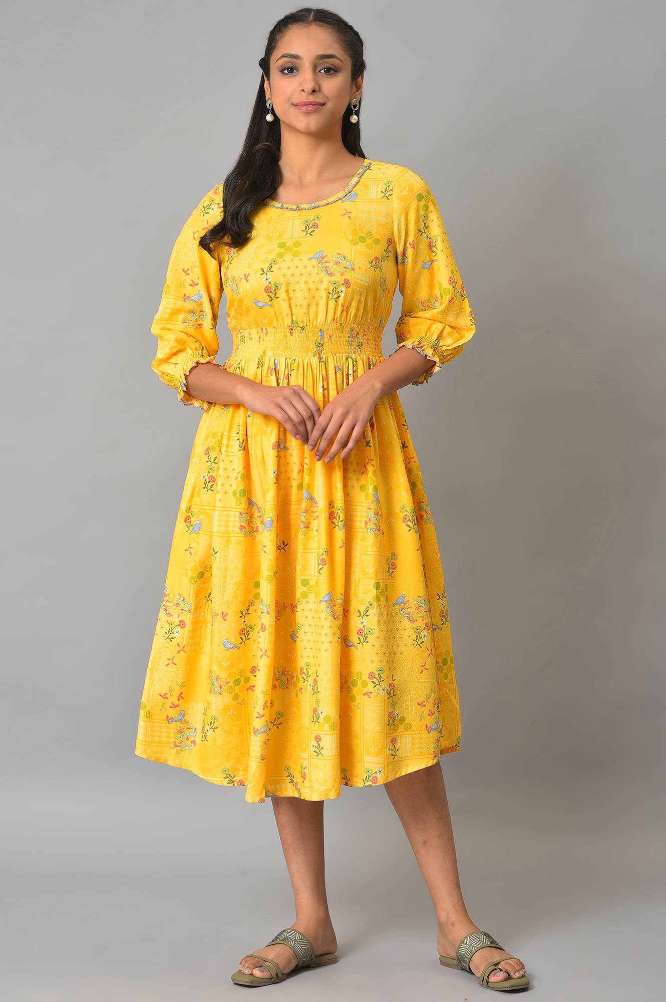 Yellow A-Line Printed Summer Dress