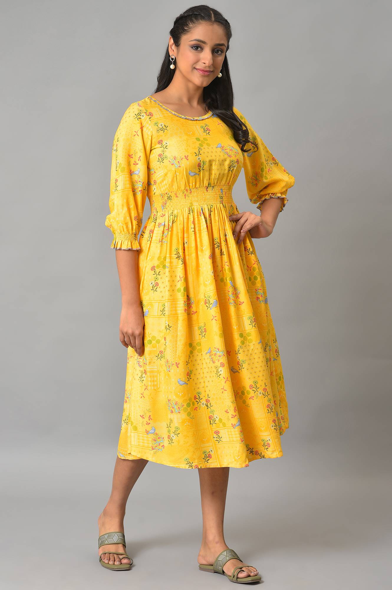 Yellow A-Line Printed Summer Dress