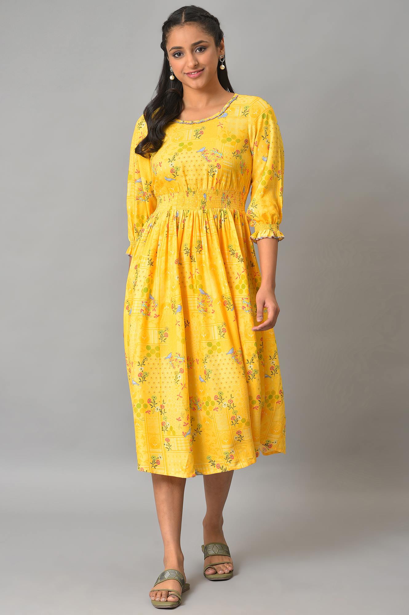 Yellow A-Line Printed Summer Dress