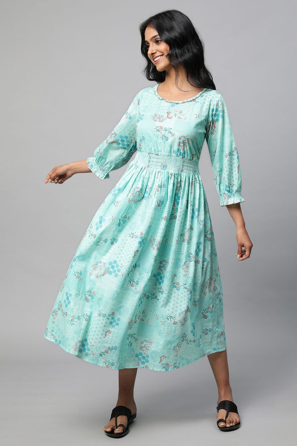 Green A-Line Printed Dress