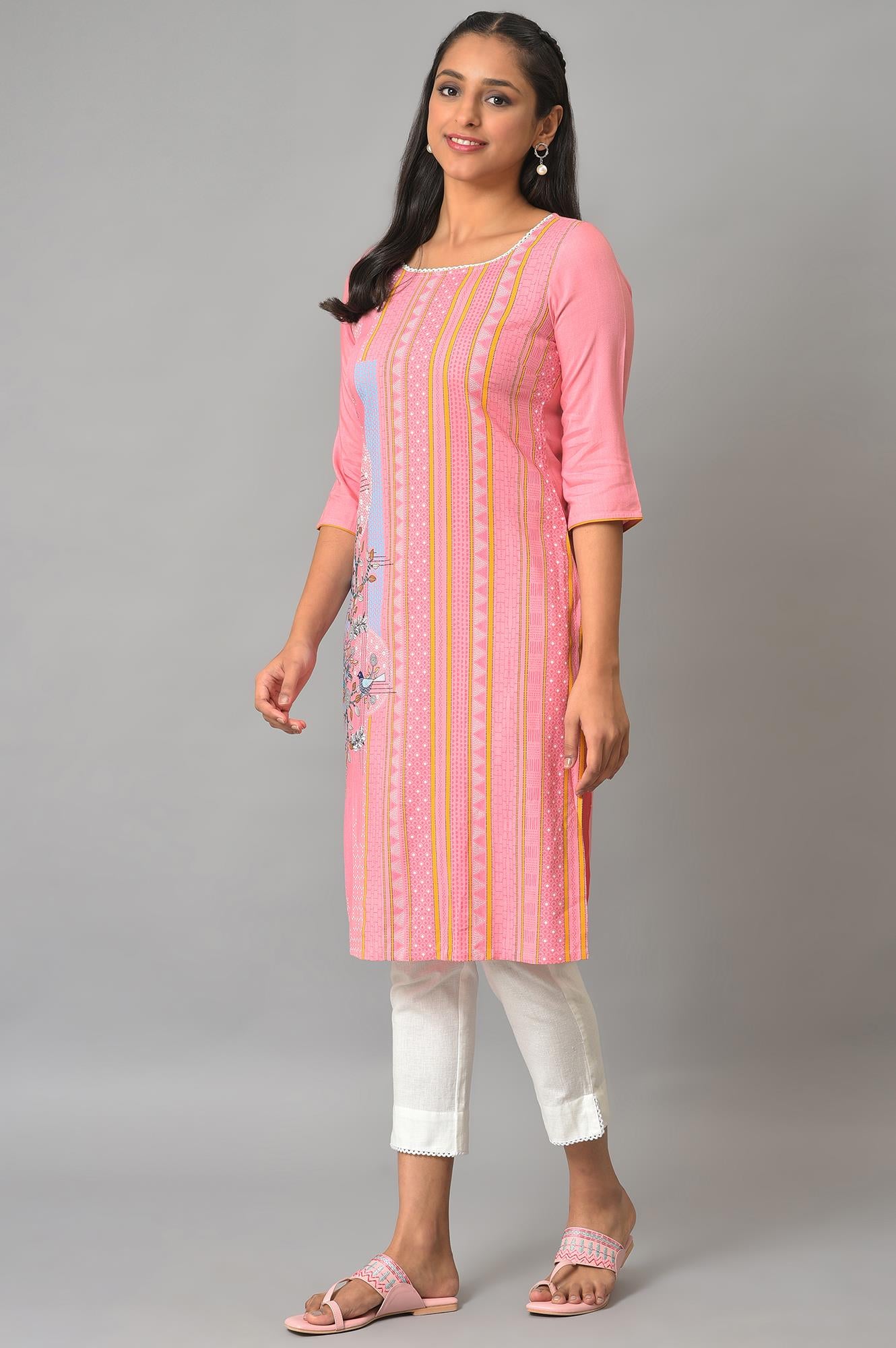 Pink Printed Straight kurta