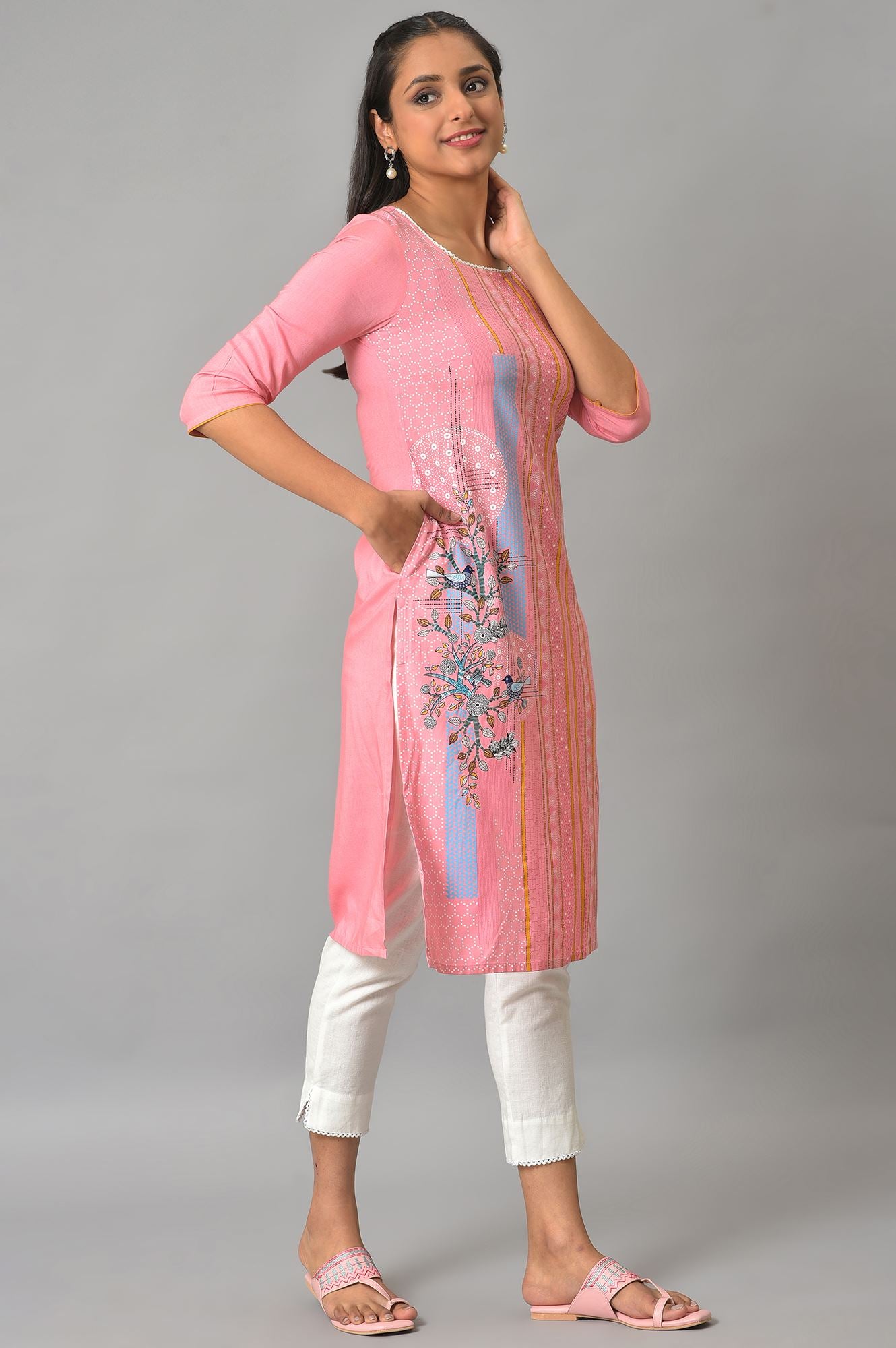 Pink Printed Straight kurta