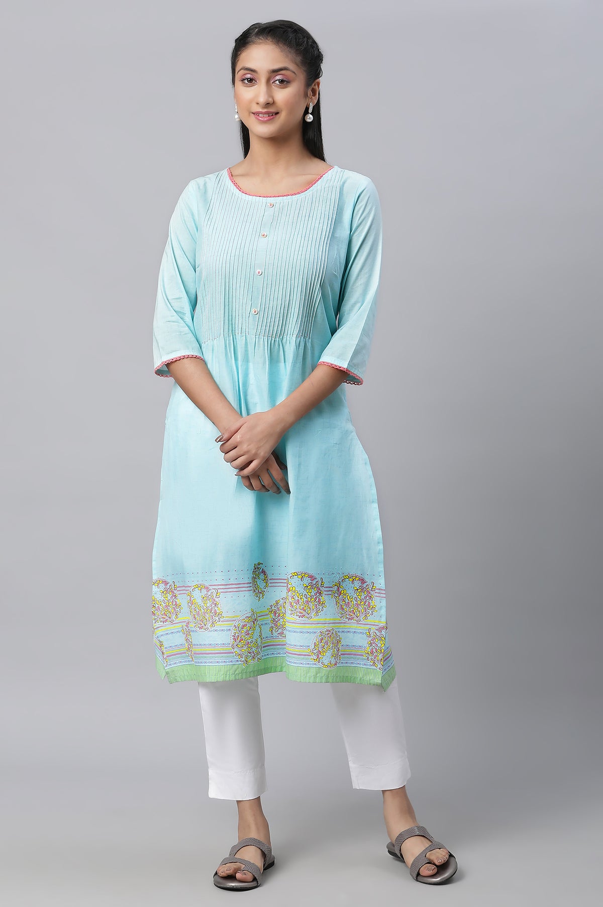 Blue Straight Kurta with Pleated Yoke - XS