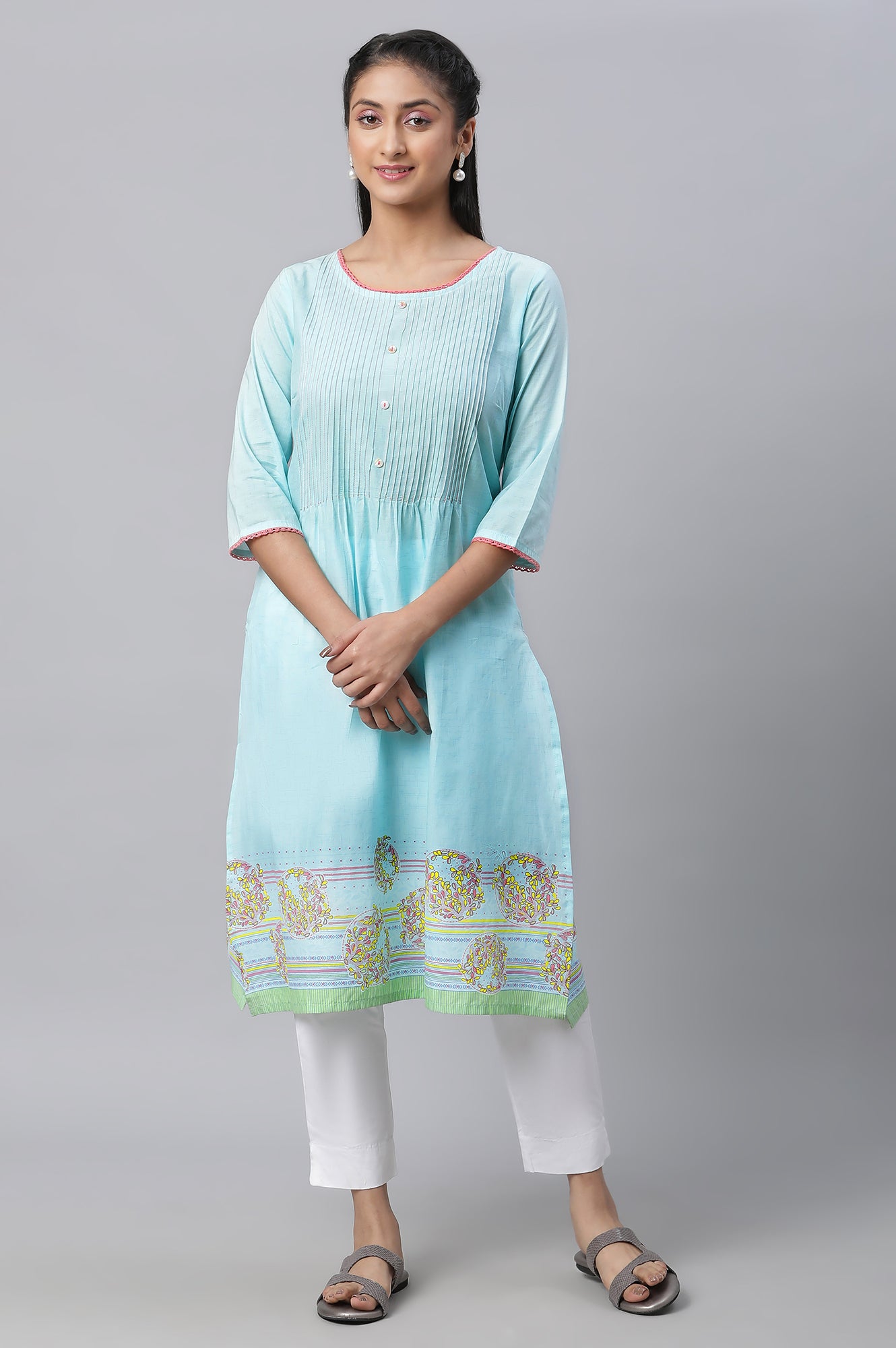 Blue Straight Kurta with Pleated Yoke