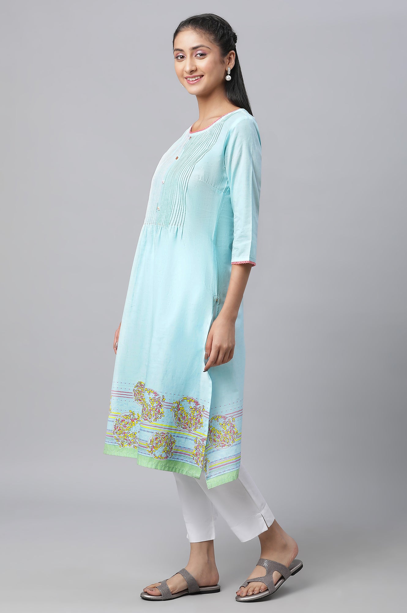 Blue Straight Kurta with Pleated Yoke