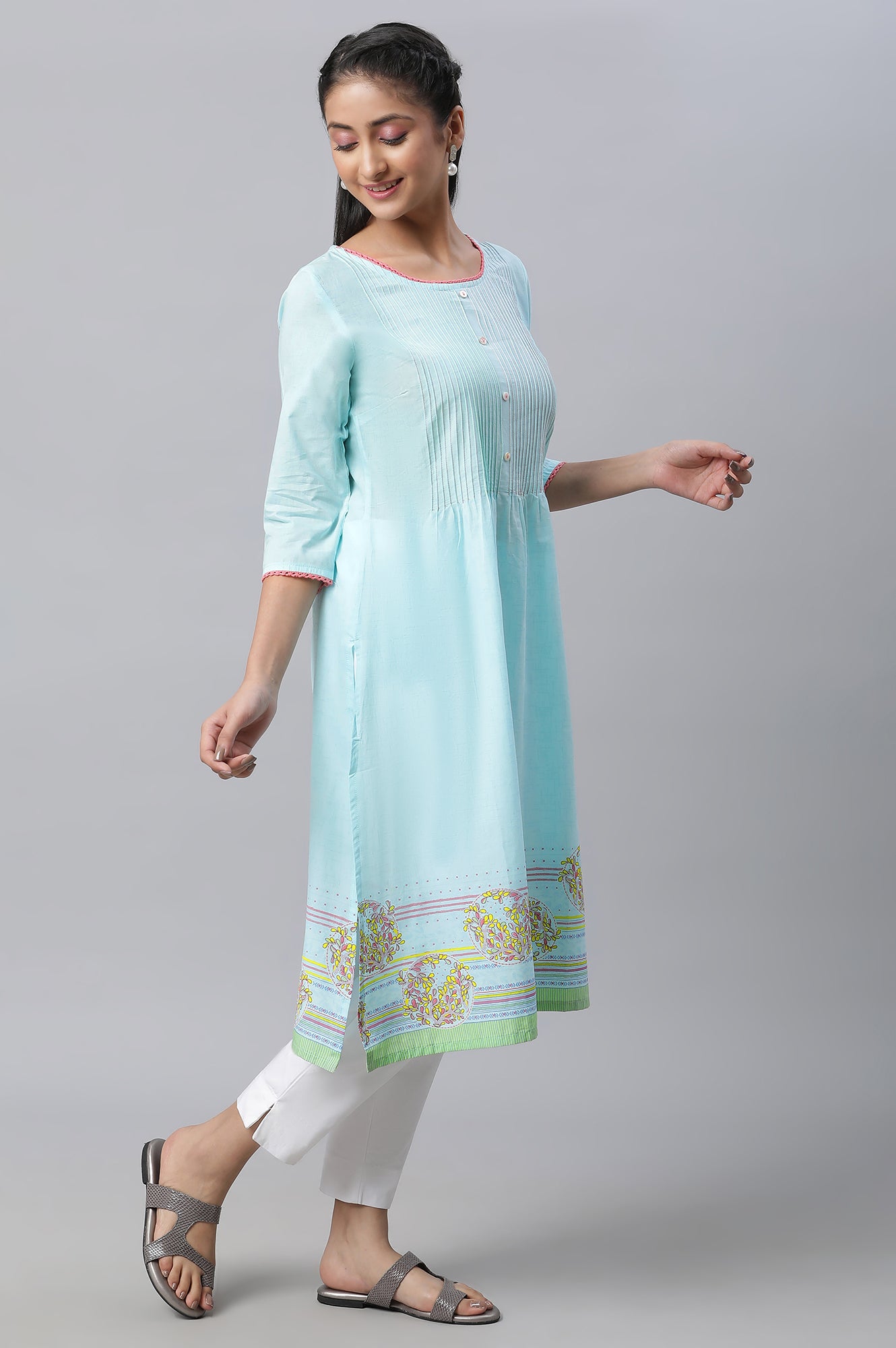 Blue Straight Kurta with Pleated Yoke