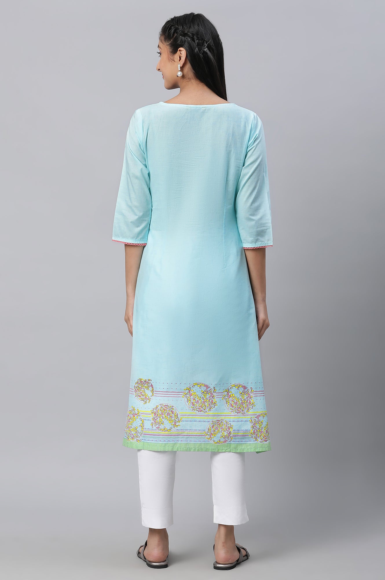 Blue Straight Kurta with Pleated Yoke