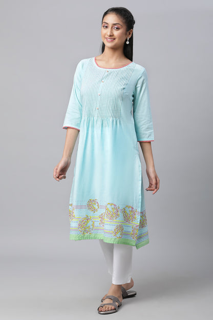 Blue Straight Kurta with Pleated Yoke