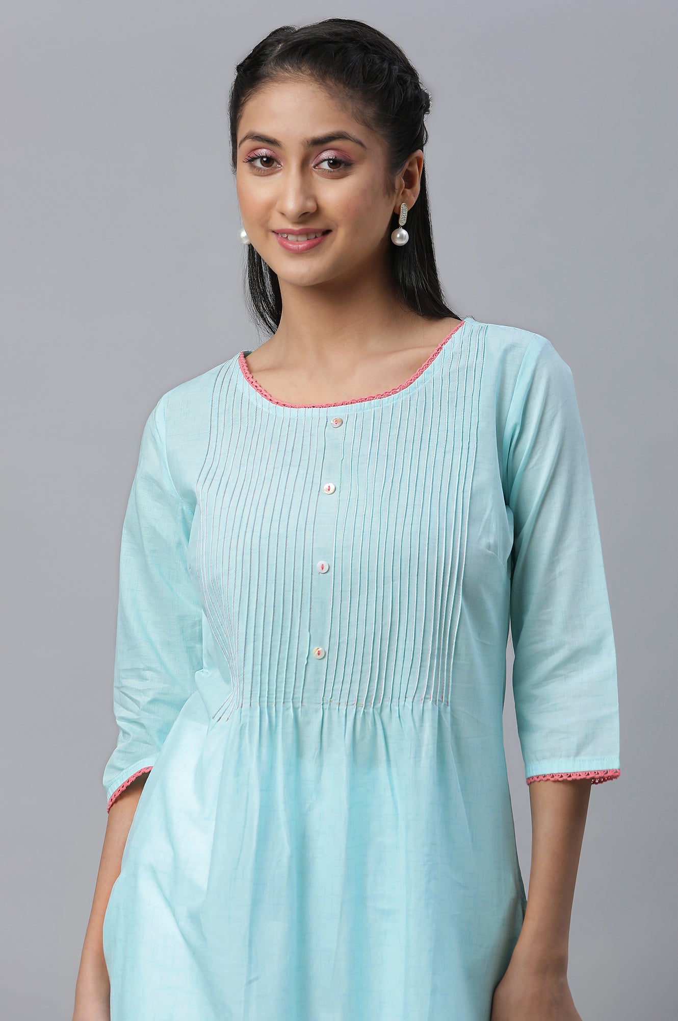 Blue Straight Kurta with Pleated Yoke