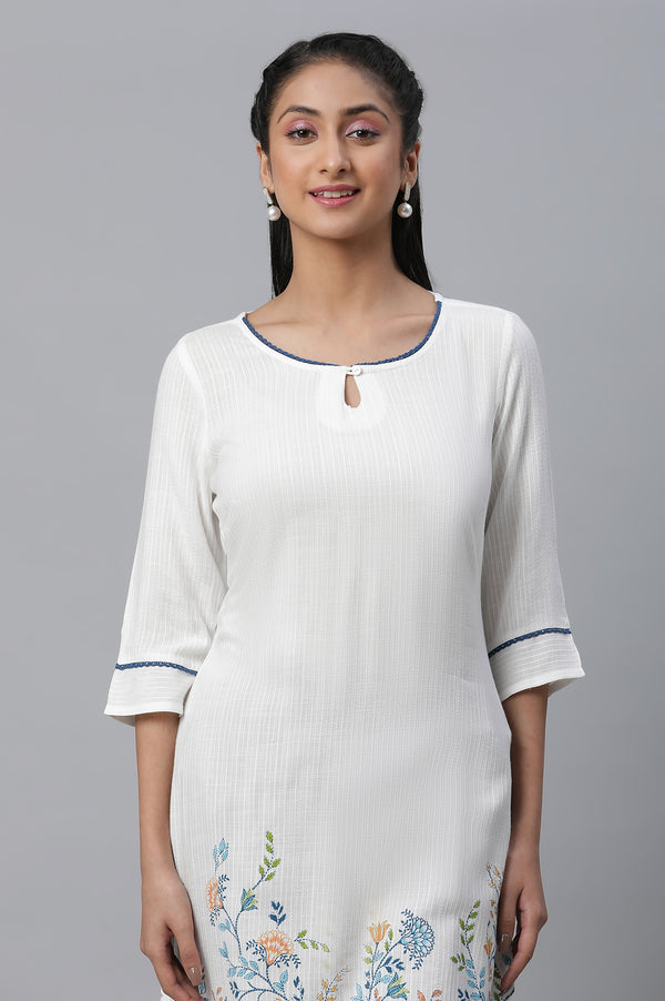 White Floral Printed Straight Kurta and Tight Set