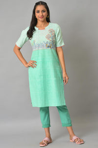 Green Printed Band Collar Summer kurta