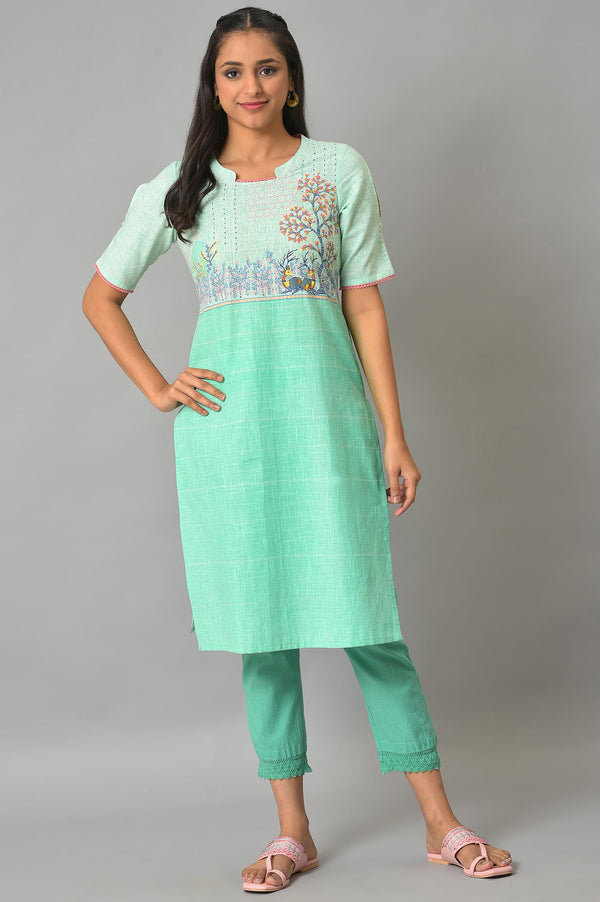 Green Printed Band Collar Summer kurta