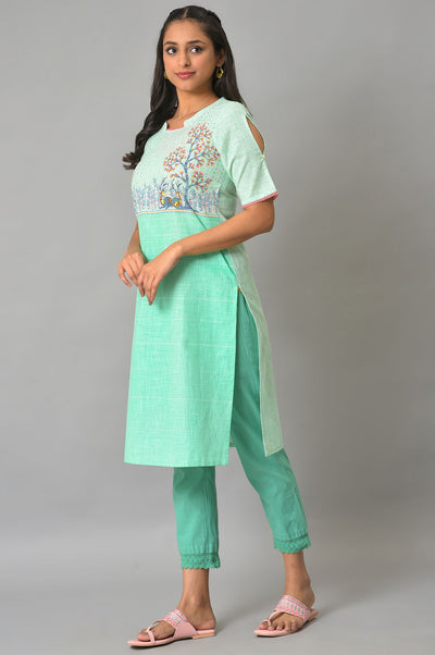 Green Printed Band Collar Summer kurta