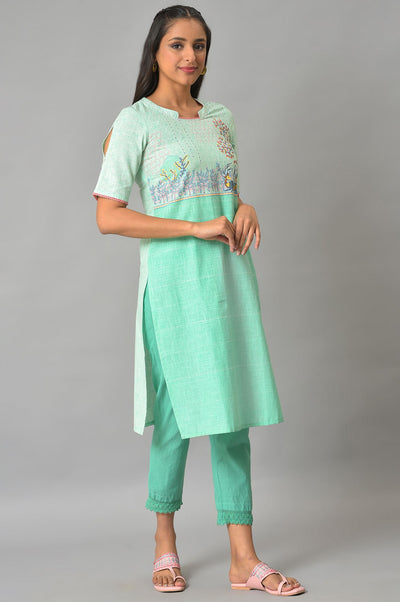 Green Printed Band Collar Summer kurta