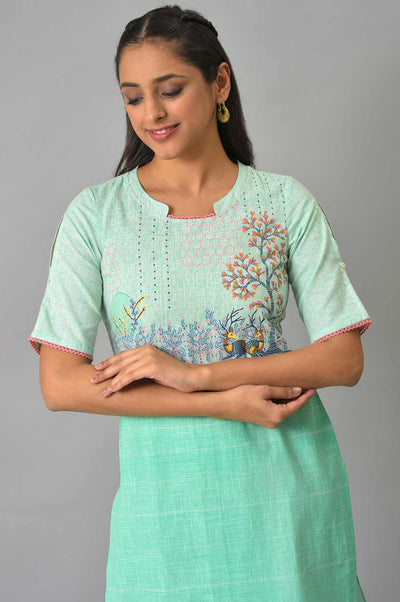 Green Printed Band Collar Summer kurta