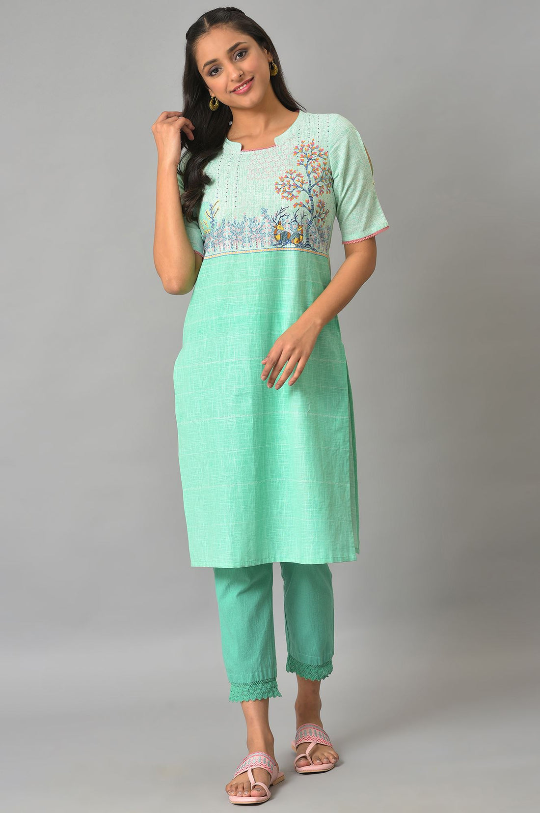 Green Printed Band Collar Summer kurta