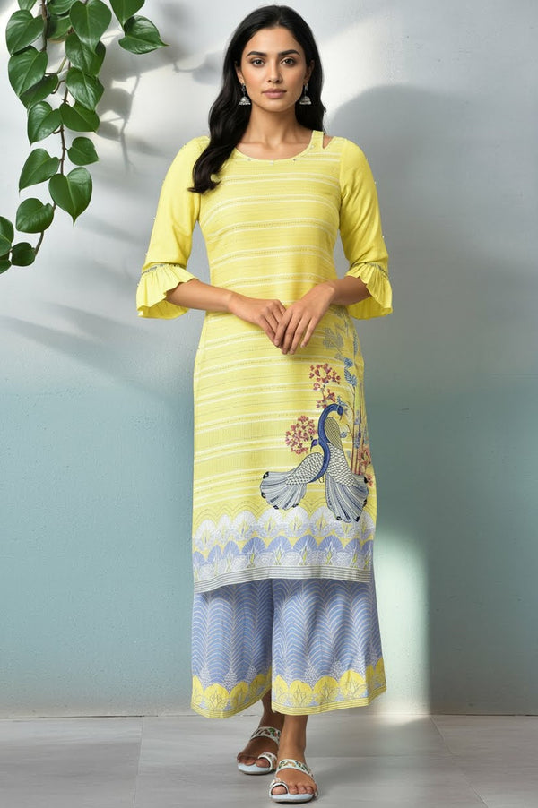 Yellow Printed Straight kurta