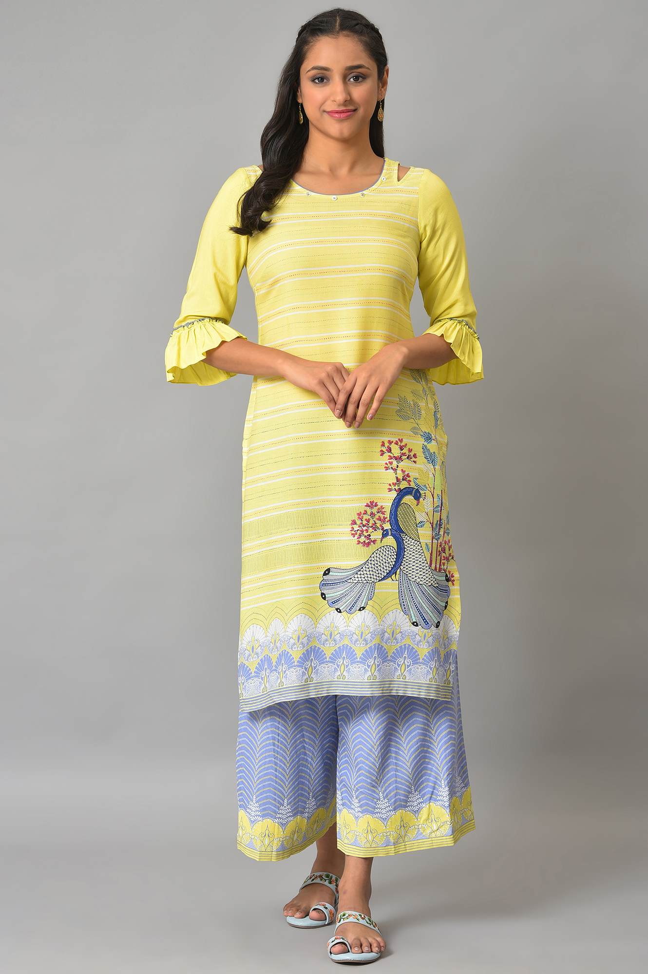 Yellow Printed Straight kurta