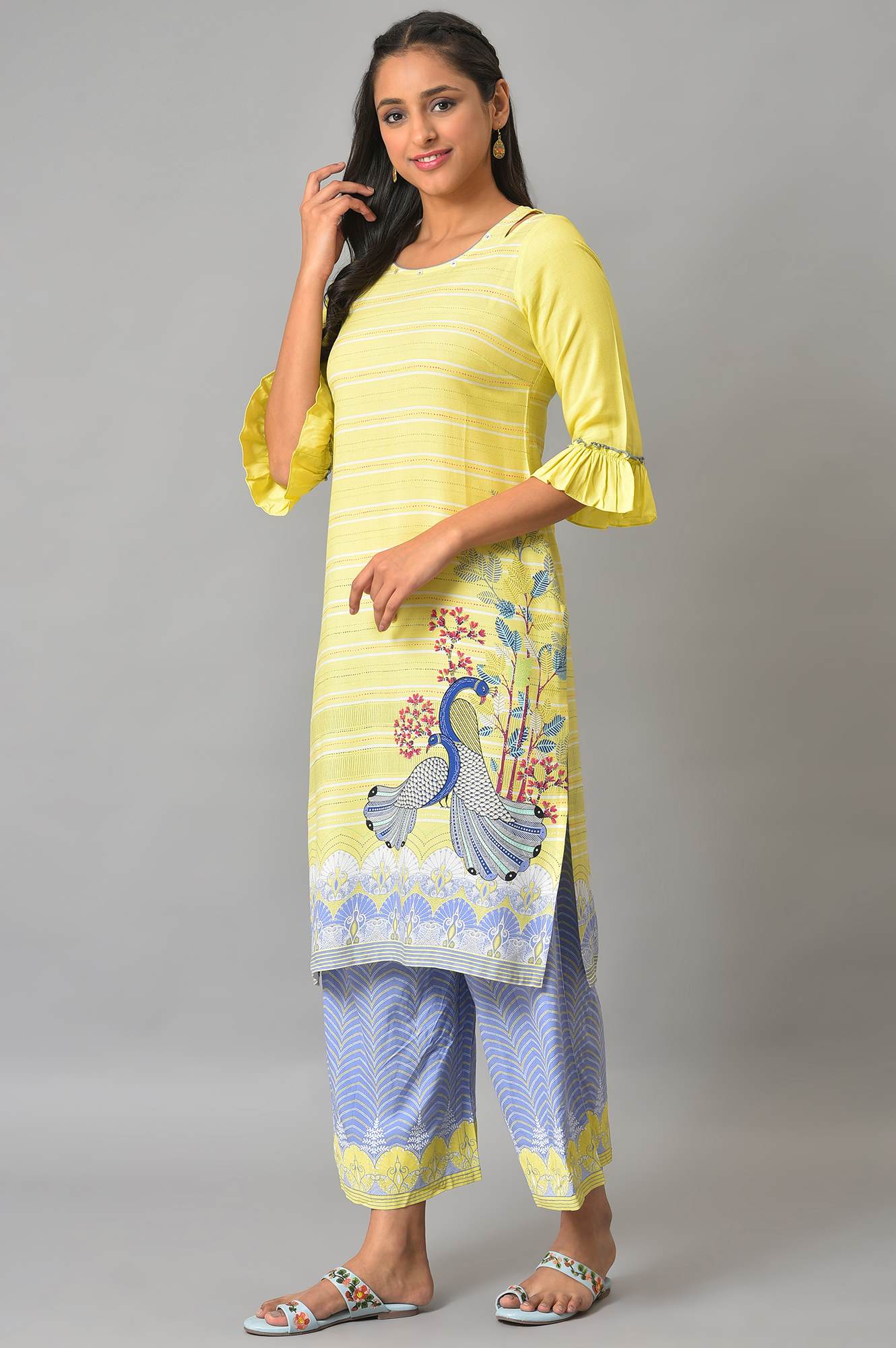 Yellow Printed Straight kurta