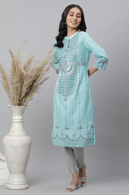 Mint Green Foil Printed Festive Kurta