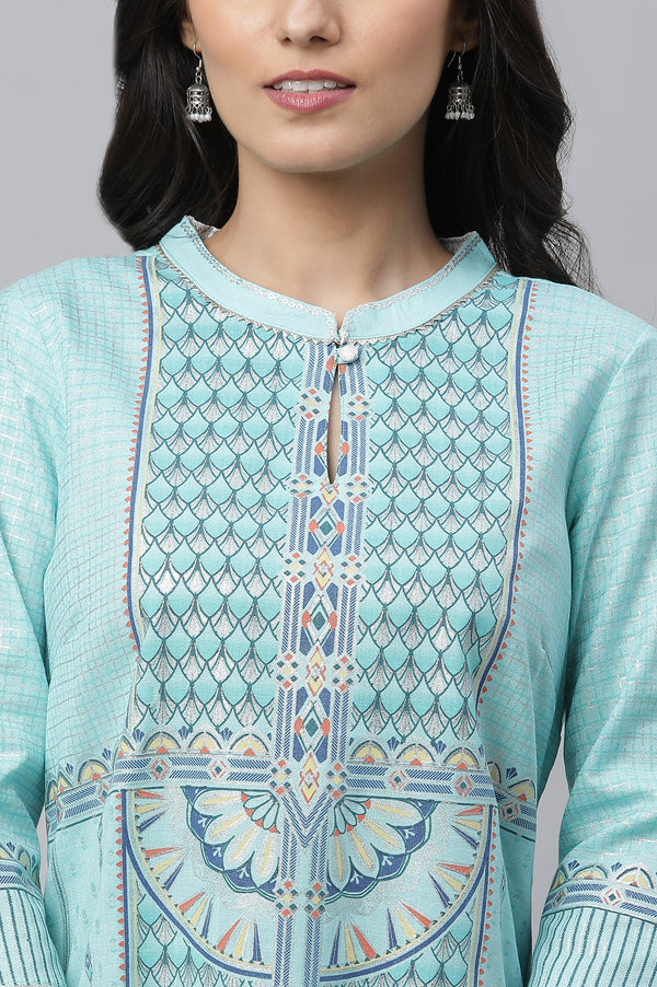 Mint Green Foil Printed Festive Kurta