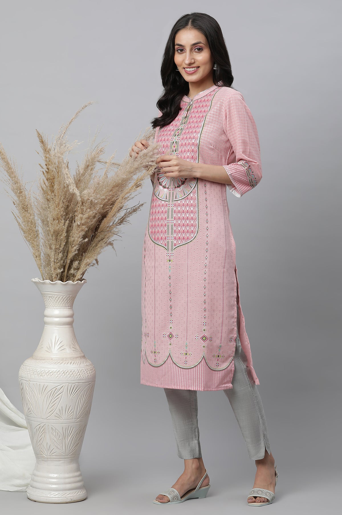 Pink Foil Printed Festive Kurta - XS