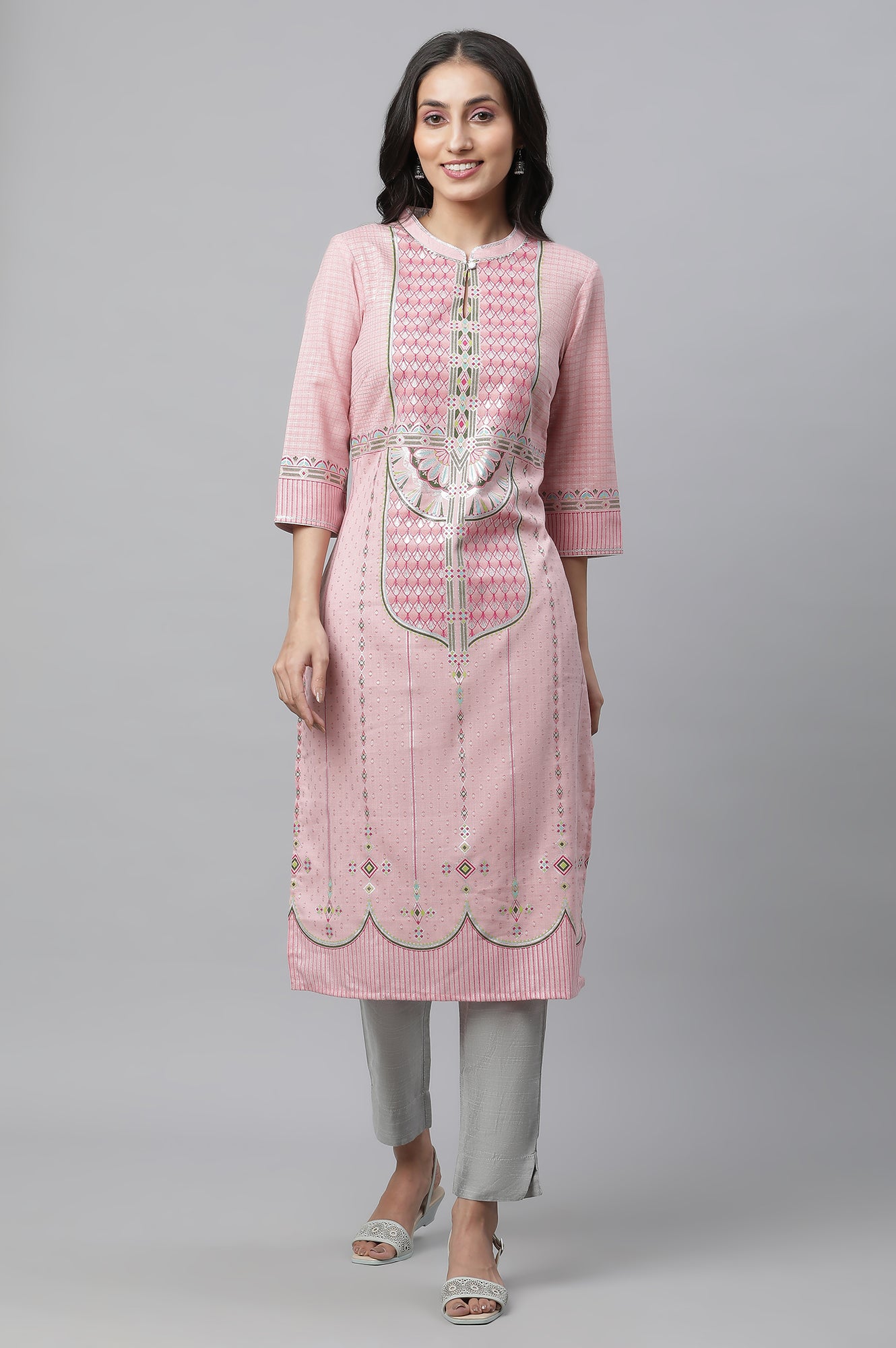 Pink Foil Printed Festive Kurta