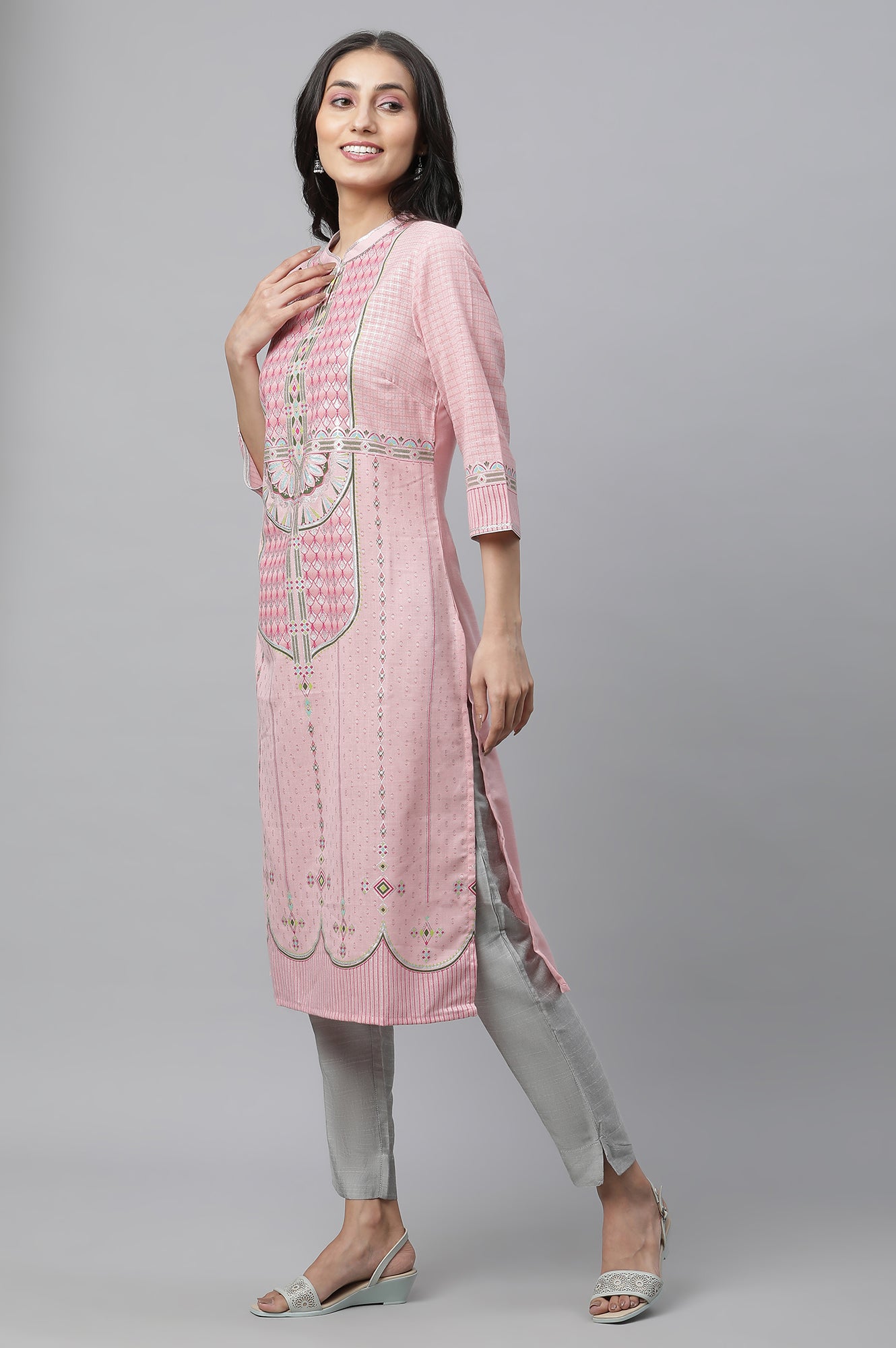 Pink Foil Printed Festive Kurta