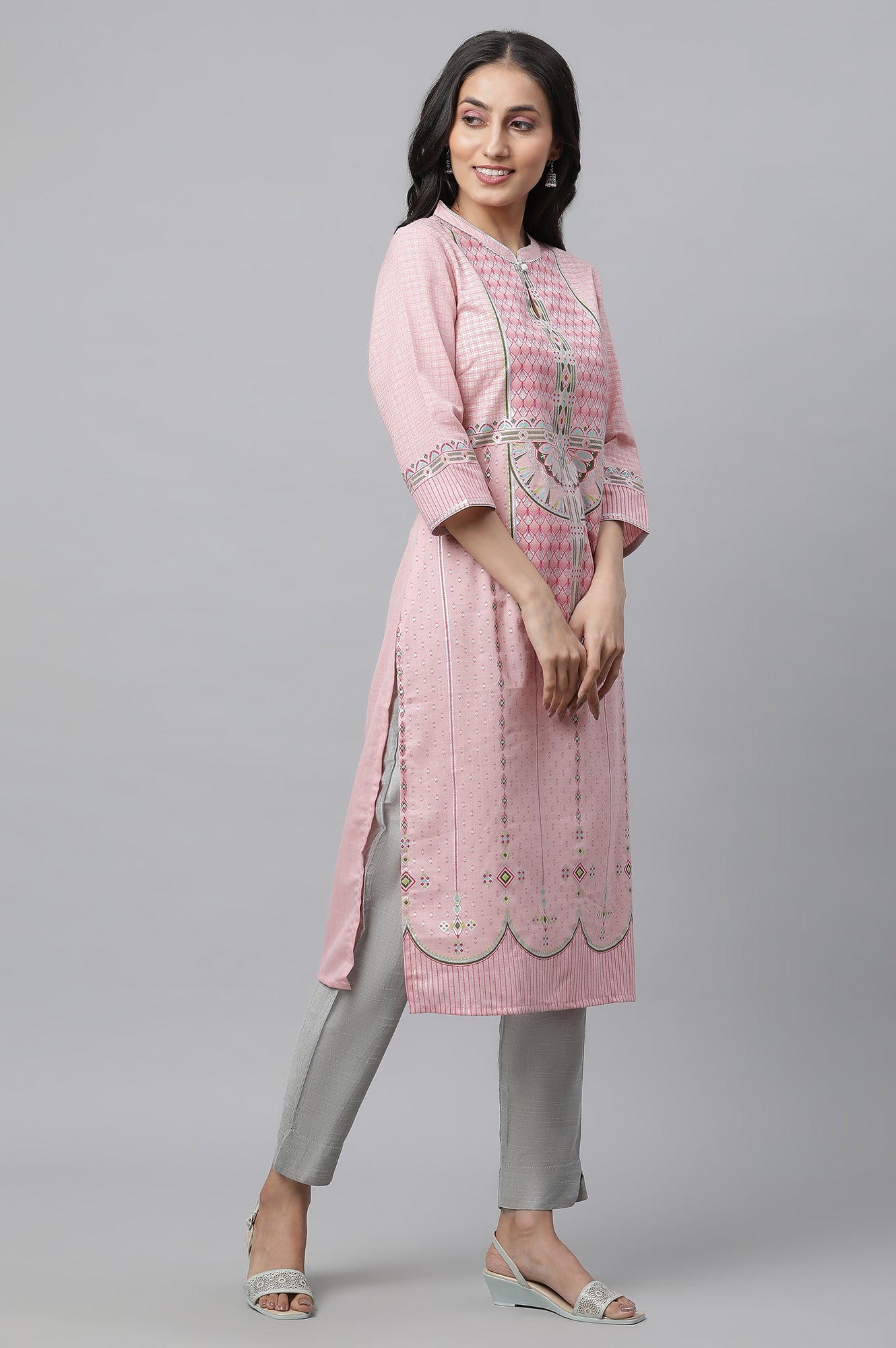 Pink Foil Printed Festive Kurta