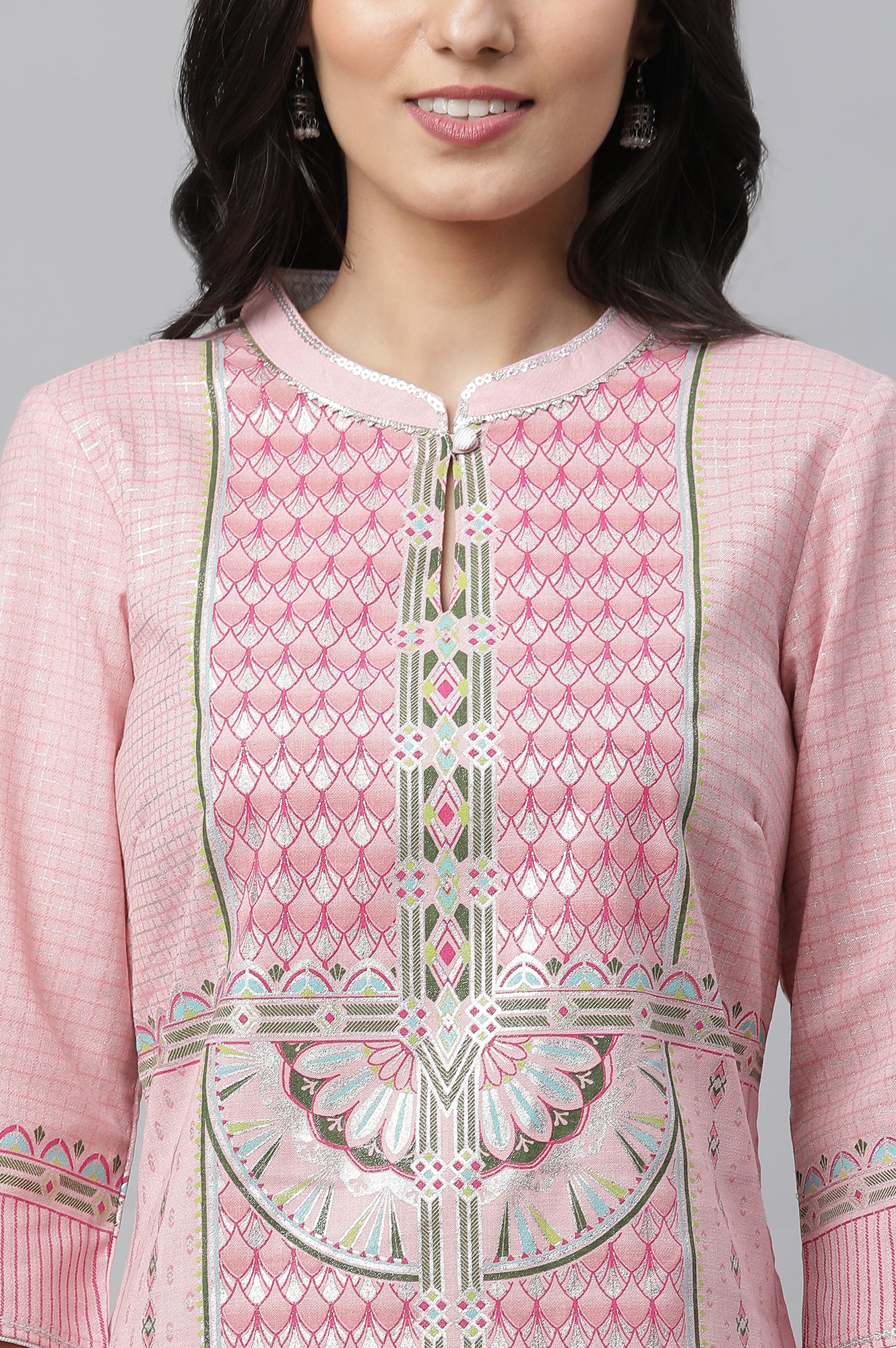 Pink Foil Printed Festive Kurta