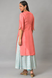 Peach Geometric Embroidered Zari Straight Shantung Kurta