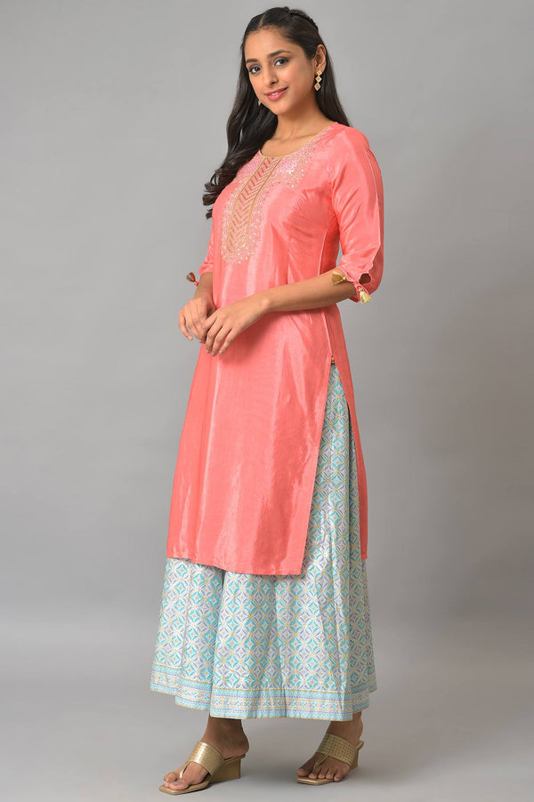 Peach Geometric Embroidered Zari Straight Shantung Kurta